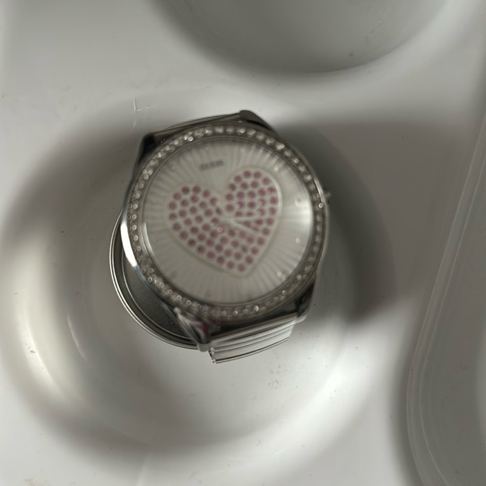 Guess watch/stretch bracelet band, pink stones heart and clear stones rim